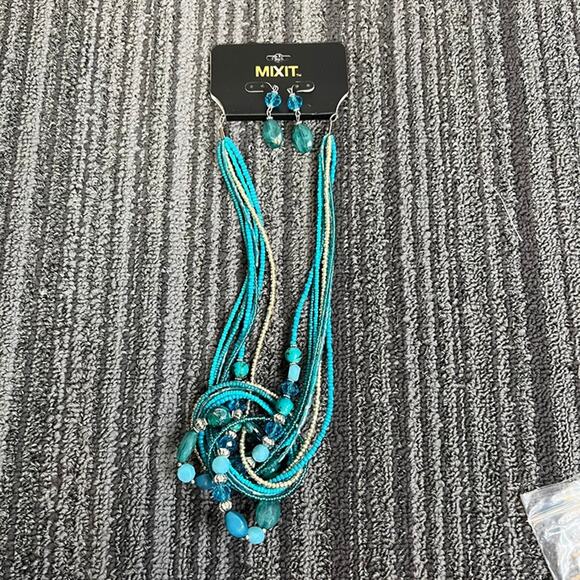 Mixit blue and silver layered beaded necklace and earring set - Picture 1 of 7